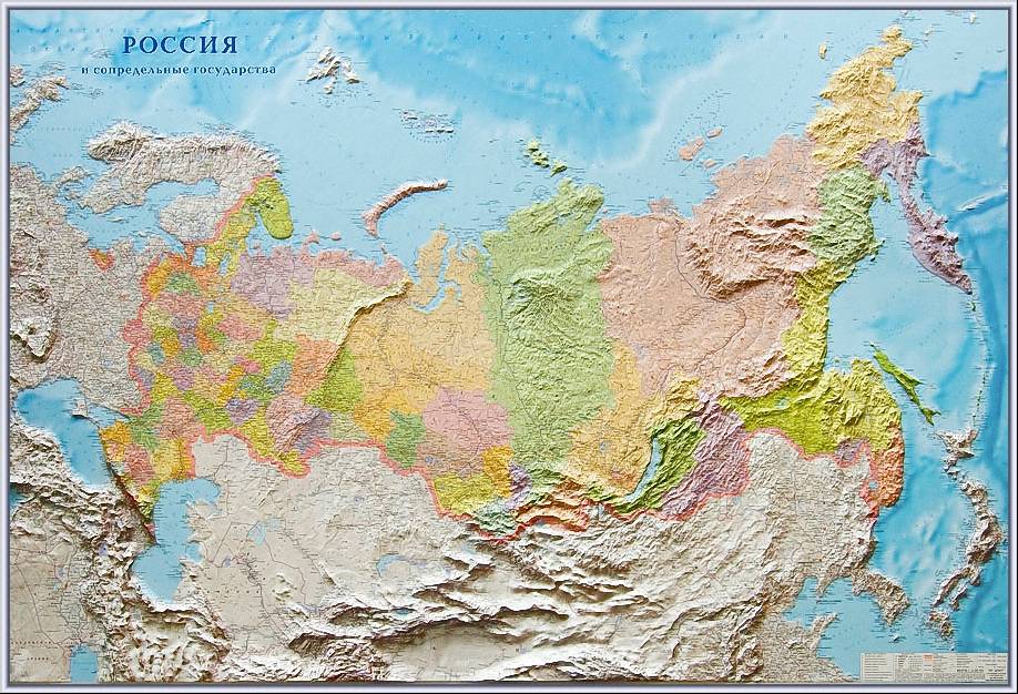 Рельефная карта «Россия и сопредельные государства», политико-административная, в багете